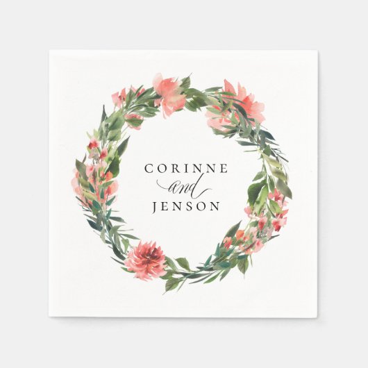 Groene koraal bloemige gepersonaliseerde papieren servet (Voorkant)