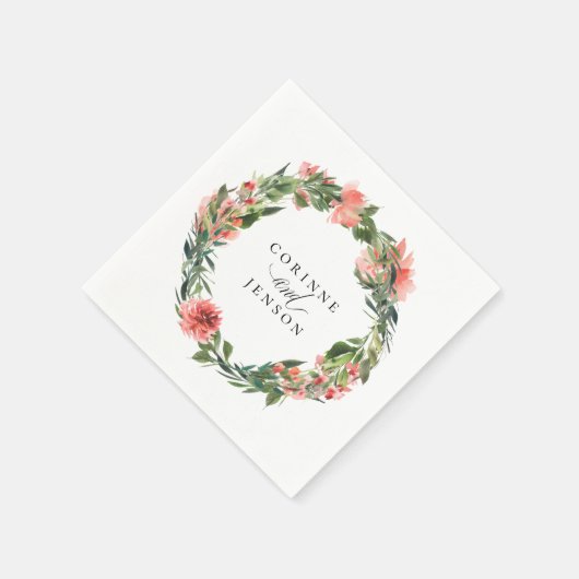 Groene koraal bloemige gepersonaliseerde papieren servet (Hoek)