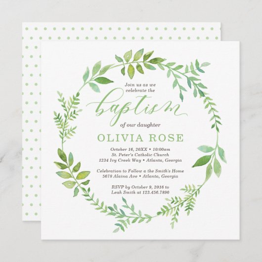 Groene Krans Doop Uitnodiging, BOHO Kaart (Voorkant / Achterkant)