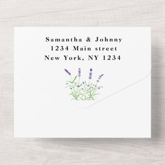 Groene kruiden Waterverf Paarse lavender Weddensch All In One Uitnodiging (Achterkant)