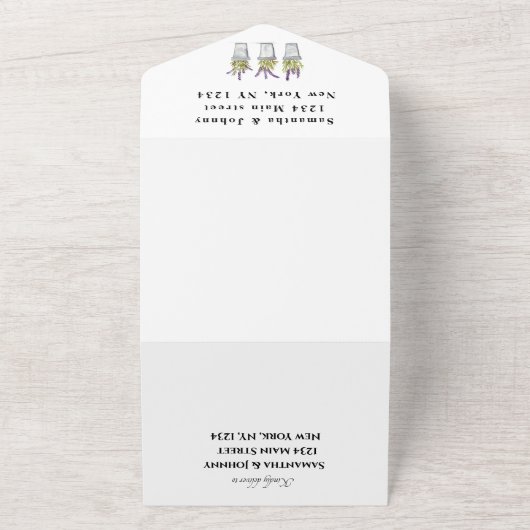 Groene kruiden Waterverf Paarse lavender Weddensch All In One Uitnodiging (Buitenkant)