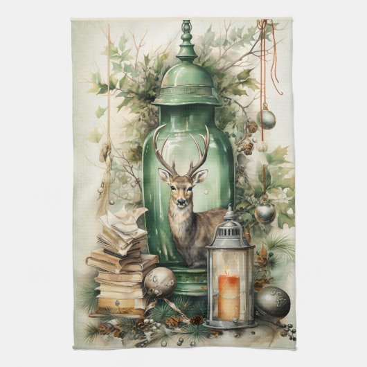 Groene  lantaarn Stag Boeken Kerst Theedoek (Verticaal)