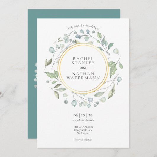 Groene laurierkrans goud geometrisch bruiloft kaart (Voorkant / Achterkant)