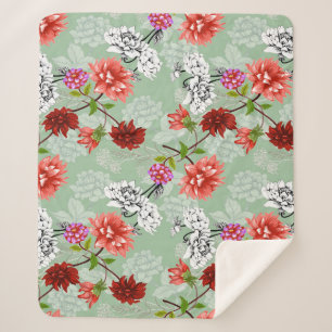 Groene Lente Bloemen: Hand getrokken Sherpa Deken