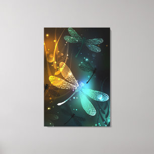 Groene lichtgevende libel vlucht canvas afdruk