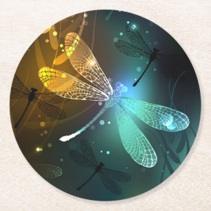 Groene lichtgevende libelvlucht ronde kartonnen onderzetter