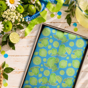 Groene limoenen op een blauw speels citruspatroon tissuepapier