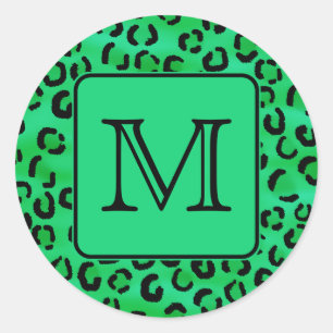 Groene luipaard afdrukken met aangepaste monogram. ronde sticker