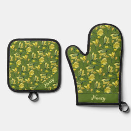 Groene Magnolia Bloemen gepersonaliseerd Ovenwant & Pannenlap Set