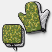 Groene Magnolia Bloemen gepersonaliseerd Ovenwant & Pannenlap Set (Voorkant / Achterkant)