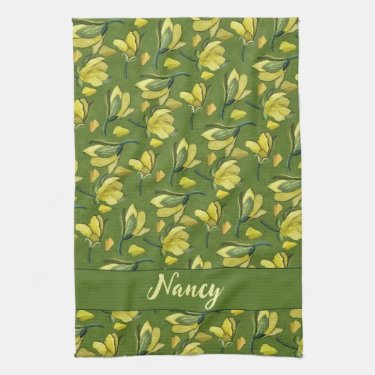 Groene Magnolia Bloemen gepersonaliseerd Theedoek (Verticaal)