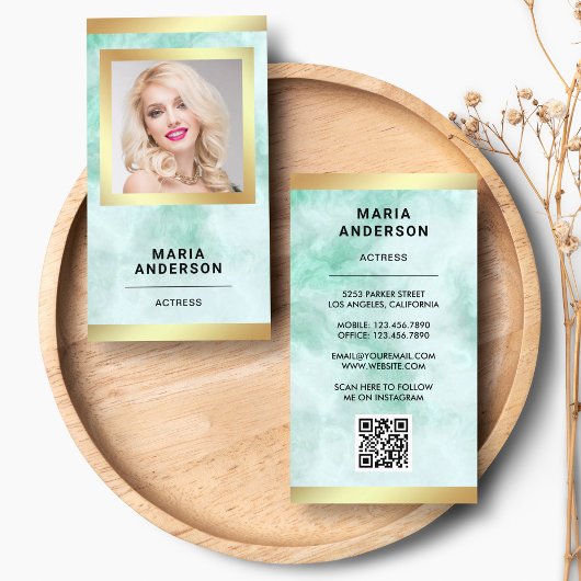 Groene Marmer Gouden Model Actrice QR Code Foto Visitekaartje