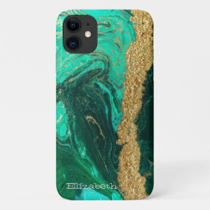 Groene marmer Steenstructuur Gouden glitter iPhone 11 Hoesje
