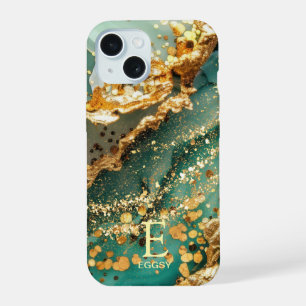 Groene marmeren chique gouden glitter monogram iPhone 15 hoesje