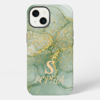 Groene marmeren chique gouden glitter monogram iPhone 13 hoesje