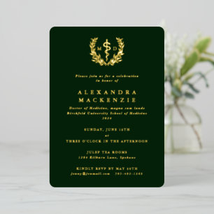 Groene MD Asclepius+Laurierkrans Afstudeerfeest Folie Uitnodiging