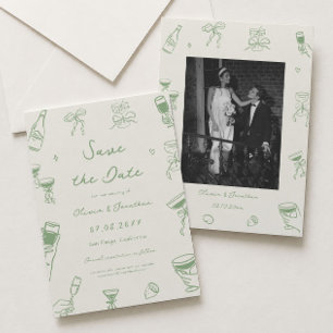 Groene met de hand getekende trouwdatum foto kaart