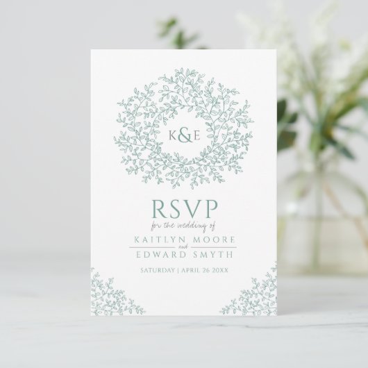 Groene met de hand getrokken bladmonogram RSVP bru (Staand voorkant)