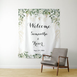 Groene & Metallic Gouden Bloesems: Een Bruidsdouch Wandkleed