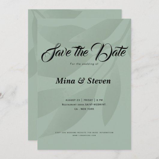 Groene minimalistische boheemse botanische groen save the date (Voorkant / Achterkant)