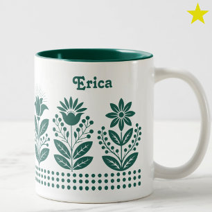 Groene Minimalistische Folk Art Bloemstuk Aangepas Tweekleurige Koffiemok