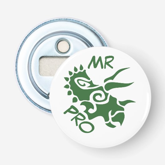 Groene Mister Pro Triceratops Bekwame Oude Button Flesopener (Voorkant)