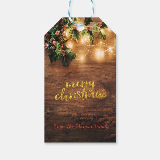 Groene mistletoe, String Lights, Wood Kerstmis Cadeaulabel (Voorkant)
