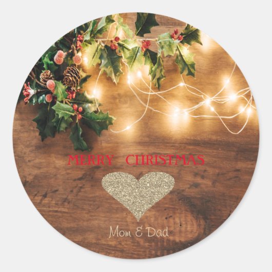 Groene mistletoe, String Lights, Wood Kerstmis Ronde Sticker (Voorkant)
