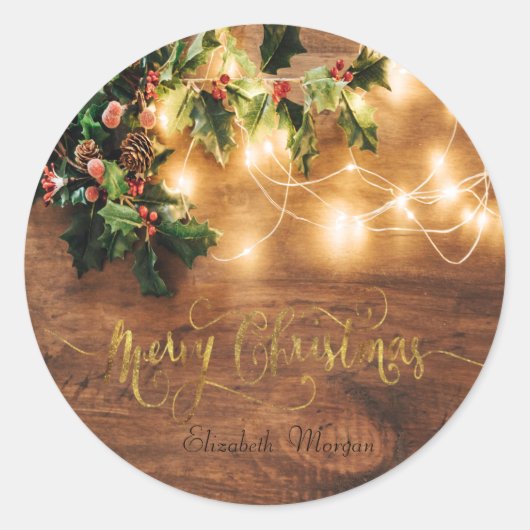 Groene mistletoe, String Lights, Wood Kerstmis Ronde Sticker (Voorkant)