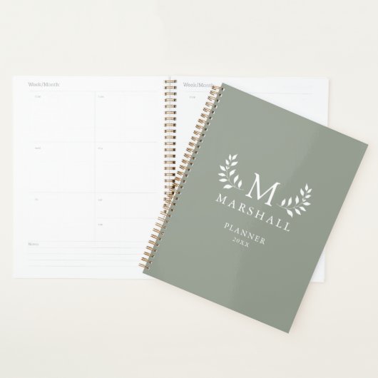 Groene Moderne Elegante Bloemmonogram Naam Planner (Display)