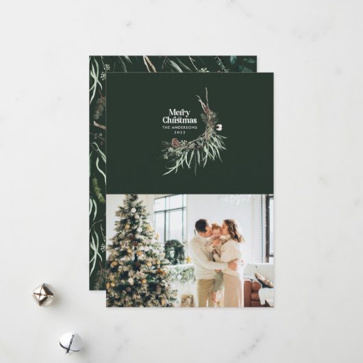 Groene moderne elegante waterverf botanische rusti feestdagenkaart (Voorkant / Achterkant in situ)