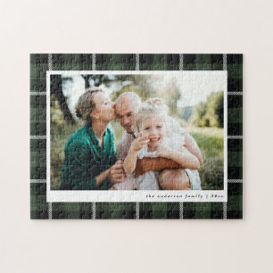 Groene moderne rustieke tartan check familie foto legpuzzel