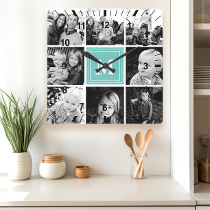 Groene Monogram Familie Fotocollage Vierkante Klok