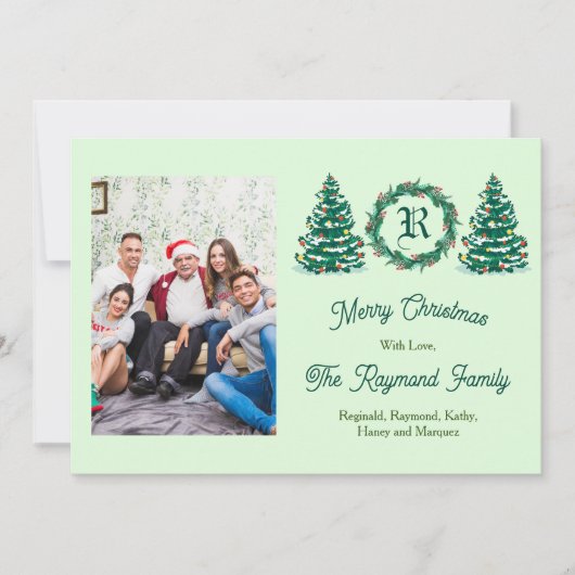 Groene Monogram Kerstkaart met Foto (Voorkant)