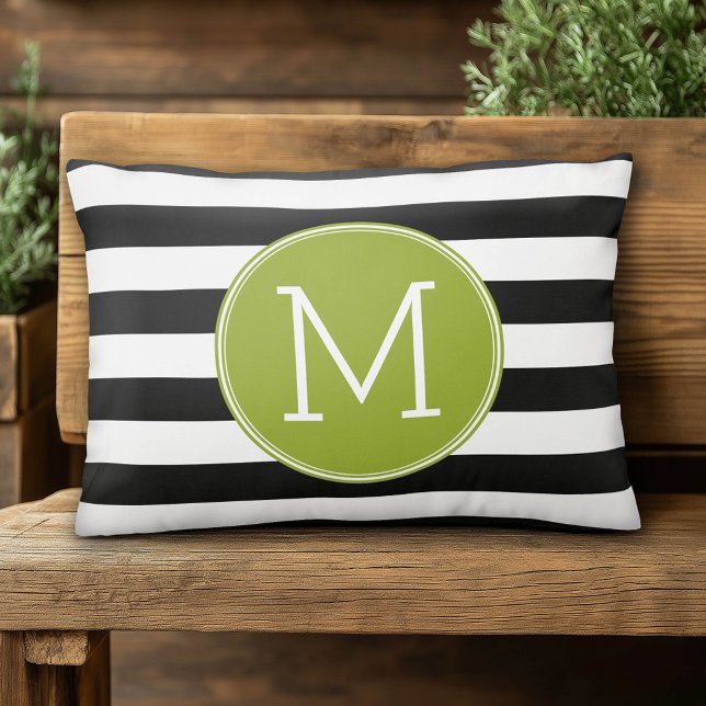 Groene monogram zwart-wit met strips accent kussen (Custom Monogram Pillow)