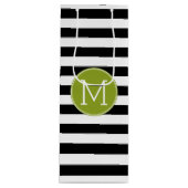 Groene monogram zwart-wit met strips wijn cadeautas (Voorkant)