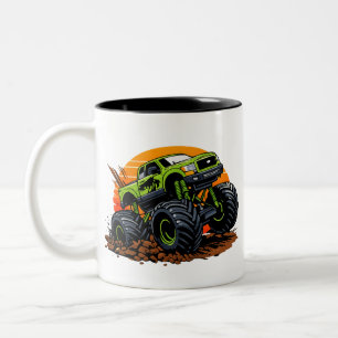 Groene Monster Truck Off-Road Racen Illustratie Tweekleurige Koffiemok