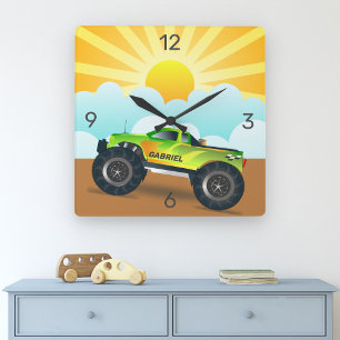 Groene Monster Truck Persoonlijke Naam Kinderkamer Vierkante Klok