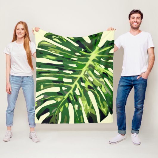 Groene Monstera Blad Fleece Deken - Kies Kleur (In situ)