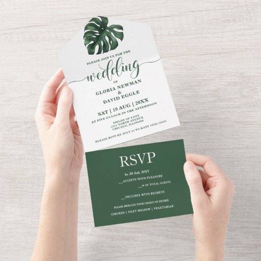 Groene Monstera Leaf All in One Wedding Invite All In One Uitnodiging (Afscheurbaar)