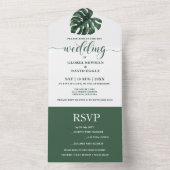 Groene Monstera Leaf All in One Wedding Invite All In One Uitnodiging (Binnen)