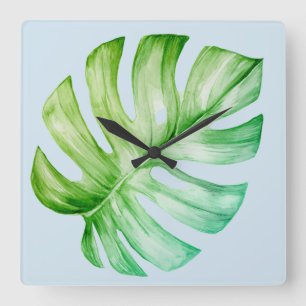 Groene monstera Leaf Botanical Tropical Blue Vierkante Klok