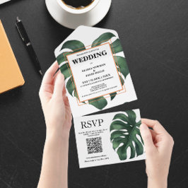 Groene Monstera Leaf QR Code All In One Uitnodiging