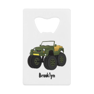 Groene monstertruck cartoon illustratie kredietkaart flessenopener