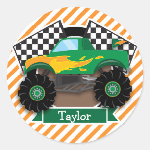 Groene monstertruck, geruite vlag; Oranje streep Ronde Sticker