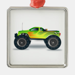 Groene monsterwagen met aan de zijkant geslepen la metalen ornament