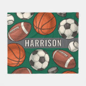 Groene Multi Sport Aangepaste Naam Monogram Fleece Deken (Voorkant (Horizontaal))