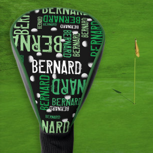 Groene namen en golfballen gedrukt op zwart golfheadcover