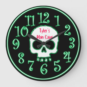 Groene neon Skull Aangepaste naam Man Cave Clock Grote Klok