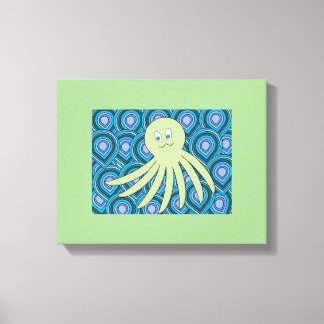 Groene octo in een wervelend zee van blauw en groe canvas afdruk